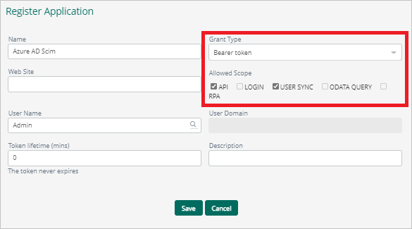 Screenshot di Register Application (Registra applicazione) con Grant Type (Tipo di concessione) e Allowed Scope (Ambito consentito) evidenziato.