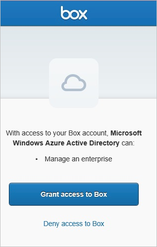 Screenshot della schermata di autorizzazione accesso a Box, che mostra un messaggio esplicativo e il pulsante Grant access to Box.