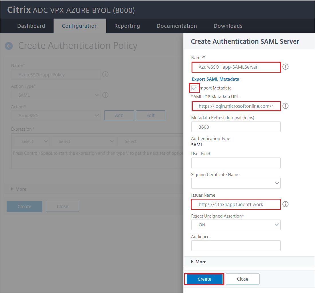 Screenshot del riquadro  di configurazione di Citrix ADC SAML Connector per Microsoft Entra - Crea server SAML di autenticazione.