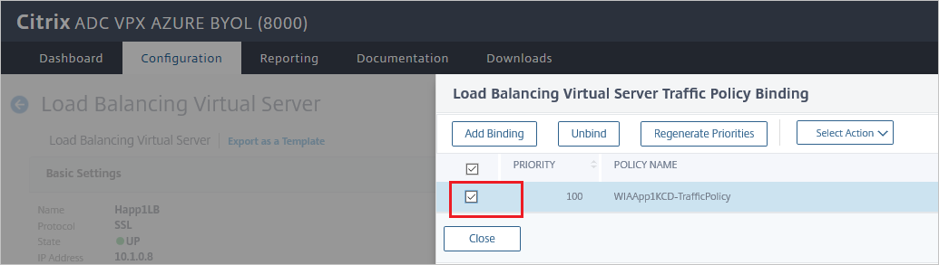 Screenshot del riquadro della configurazione di Citrix ADC SAML Connector for Microsoft Entra - Binding dei criteri di traffico del server virtuale con bilanciamento del carico.