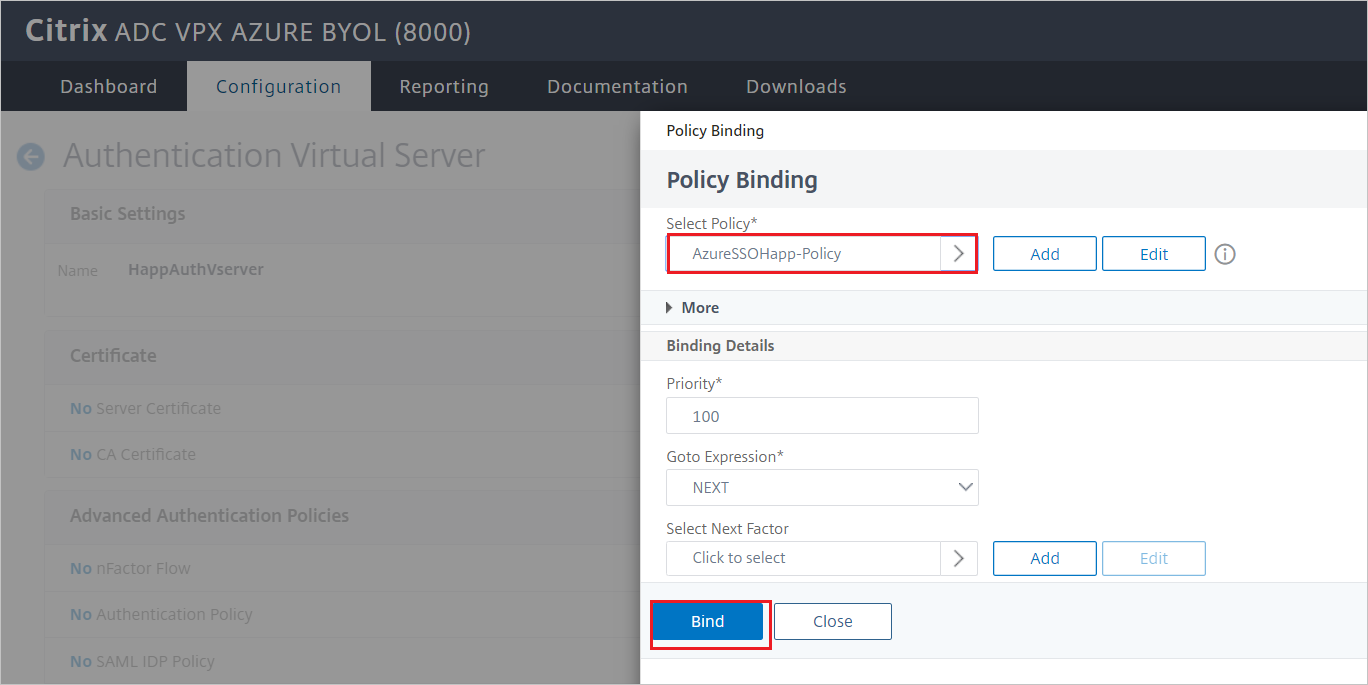 Screenshot del riquadro di Citrix ADC SAML Connector per la configurazione di Microsoft Entra - Binding dei criteri