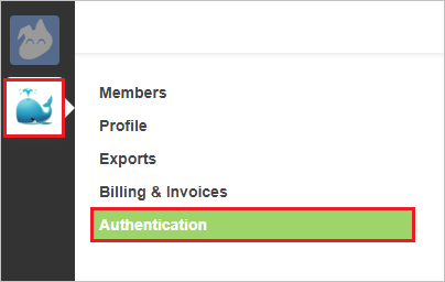 Screenshot che mostra l'icona di una balena e l'opzione Authentication selezionate.