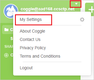 Screenshot che mostra il sito aziendale Coggle con l'opzione My Settings selezionata.