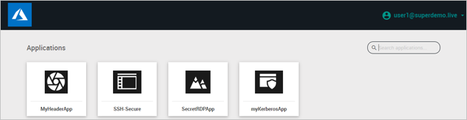 Screenshot della schermata Applications che mostra le icone per MyHeaderApp, SSH Secure, SecretRDPApp e myKerberosApp.