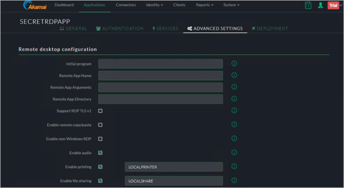 Screenshot della scheda Advanced Settings della console Akamai EAA per SECRETRDPAPP che mostra le impostazioni per Remote desktop configuration.