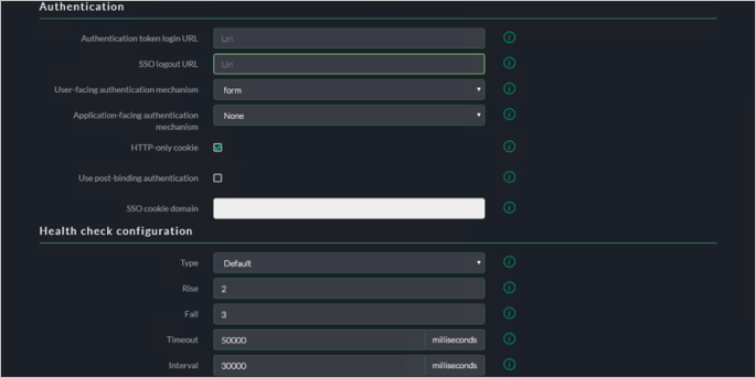 Screenshot della scheda Advanced Settings della console Akamai EAA per SECRETRDPAPP che mostra le impostazioni per Authentication e Health check configuration.