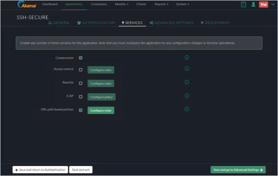 Screenshot della scheda Services della console Akamai EAA per SSH-SECURE che mostra il pulsante Save and go to Advanced Settings in basso a destra.