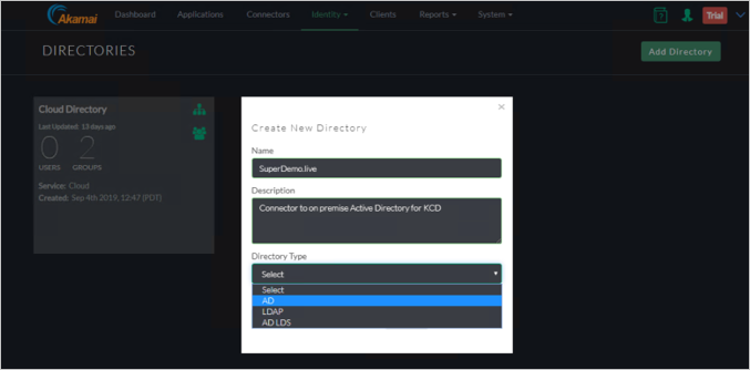 Screenshot della finestra Directories della console Akamai EAA che mostra la finestra di dialogo Create New Directory con l'opzione AD nell'elenco a discesa per Directory Type.