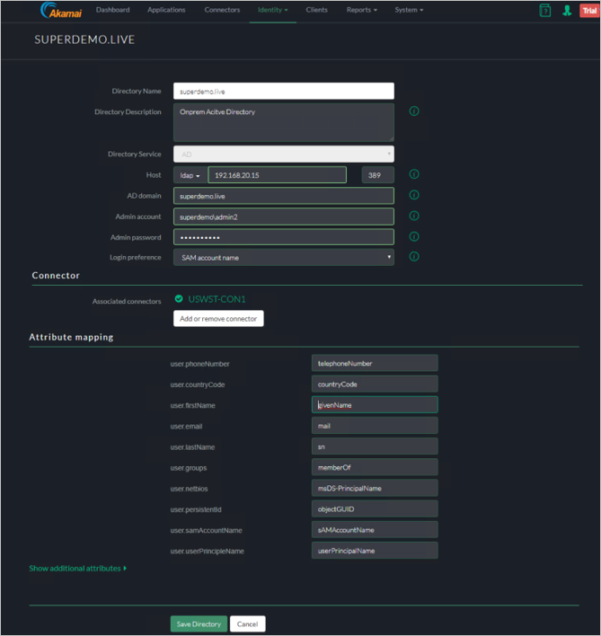 Screenshot della finestra SUPERDEMOLIVE della console Akamai EAA con le impostazioni per Directory Name, Directory Service, Connector e Attribute mapping.