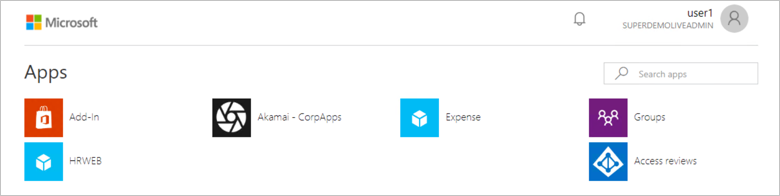 Screenshot della finestra Apps per myapps.microsoft.com che mostra le icone Add-in, HRWEB, Akamai - CorpApps, Expense, Groups e Access reviews.