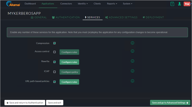 Screenshot della scheda Services della console Akamai EAA per MYKERBOROSAPP.