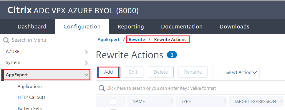 Configurazione di Citrix ADC - Riquadro Rewrite Actions