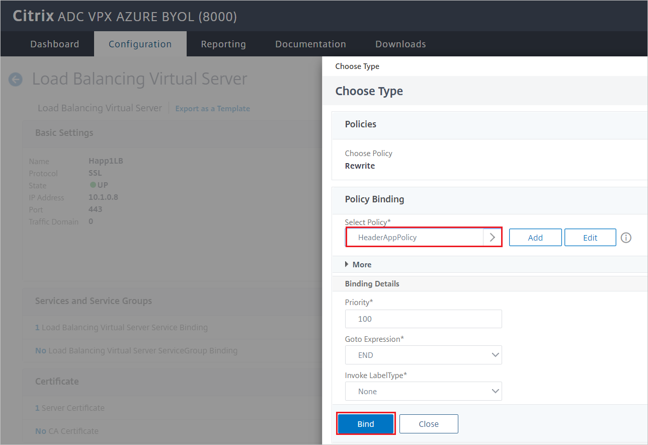 Configurazione di Citrix ADC - Riquadro Load Balancing Virtual Server Traffic Policy Binding