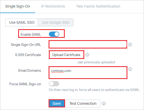 Screenshot che mostra la scheda Single Sign-On in cui abilitare SAML e aggiungere altre informazioni.