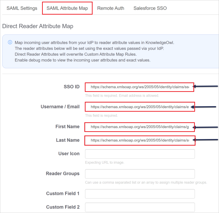 Screenshot che mostra la pagina Map SAML Attributes in cui è possibile apportare le modifiche descritte qui.