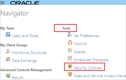 Screenshot della pagina Strumento di navigazione nella console di amministrazione di Oracle Fusion E R P. Gli strumenti e la console sicurezza sono evidenziati.