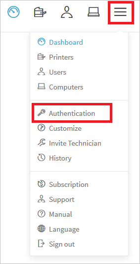 Screenshot che mostra l'opzione Authentication selezionata nel menu.