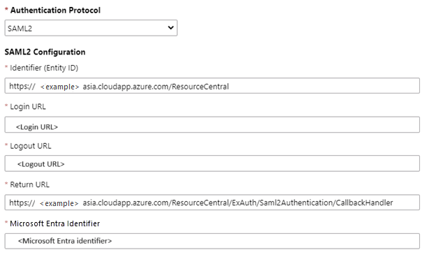 Screenshot del riquadro Configurazione SAML2 in Resource Central.