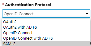 Screenshot che mostra l'opzione SAML2 selezionata per Authentication Protocol in Resource Central.