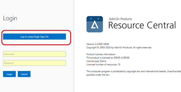 Screenshot della pagina Web di test dell'accesso Single Sign-On di Resource Central.