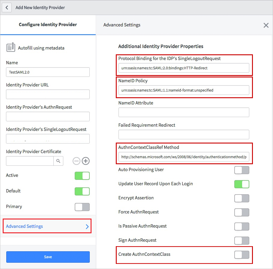 Screenshot della finestra di dialogo Add New Identity Provider (Aggiungi nuovo provider di identità), in cui è evidenziata la voce Advanced Settings (Impostazioni avanzate)