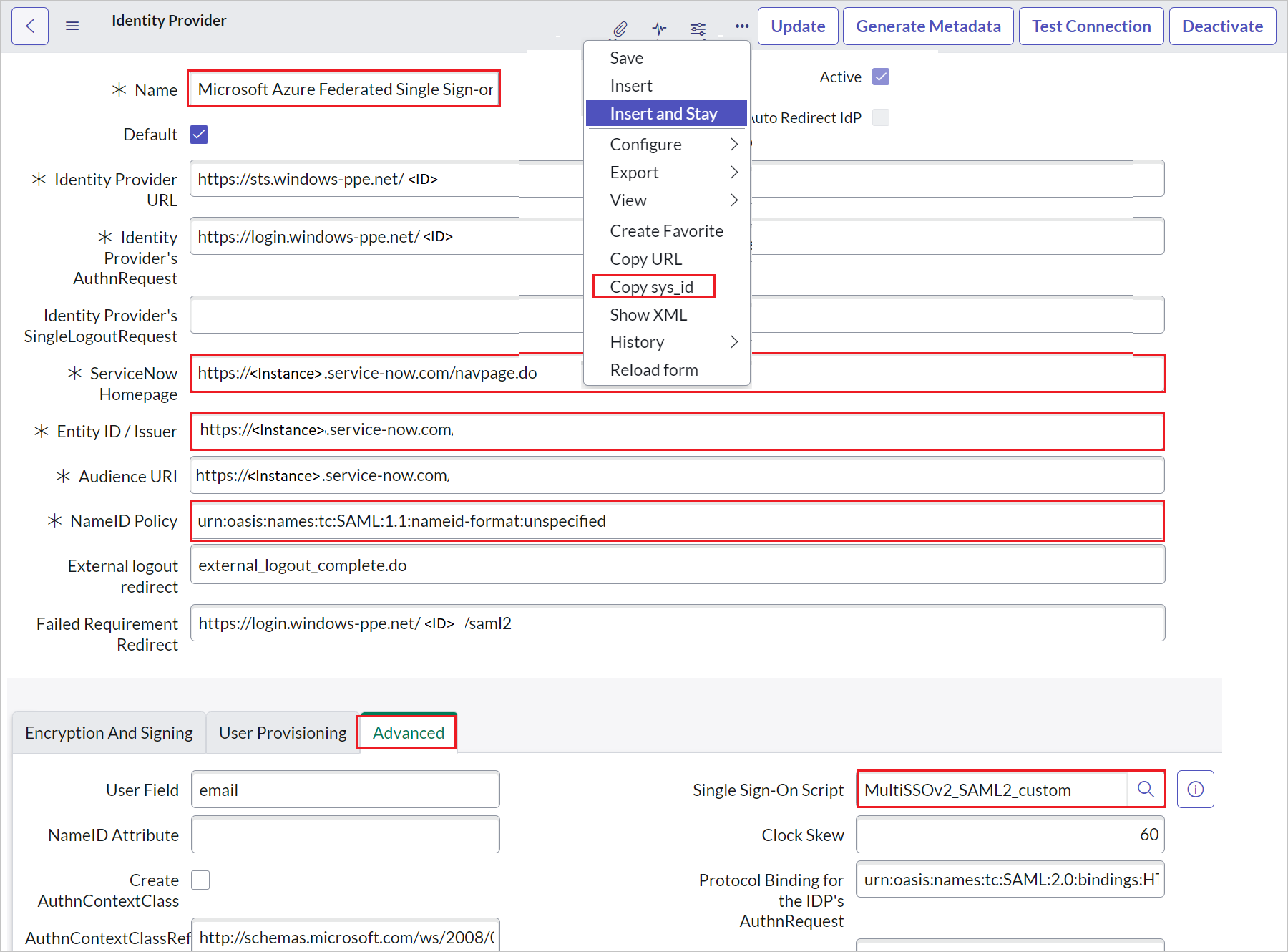 Screenshot della sezione Identity Provider (Provider di identità)