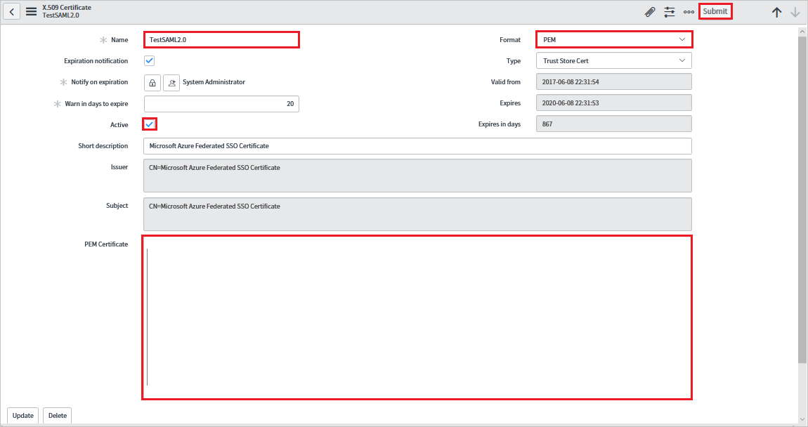 Screenshot della finestra di dialogo X.509 Certificates (Certificati X.509)