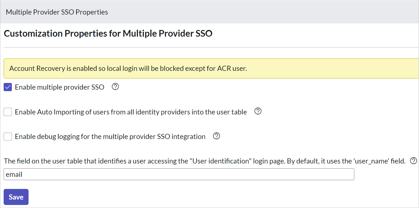 Screenshot della finestra di dialogo Multiple Provider SSO (Proprietà di Multiple Provider Single Sign-On)