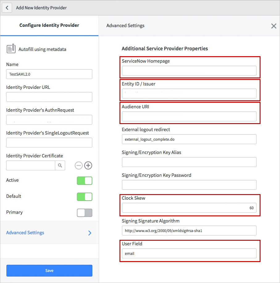 Screenshot della finestra di dialogo Add New Identity Provider (Aggiungi nuovo provider di identità), in cui sono evidenziate diverse proprietà