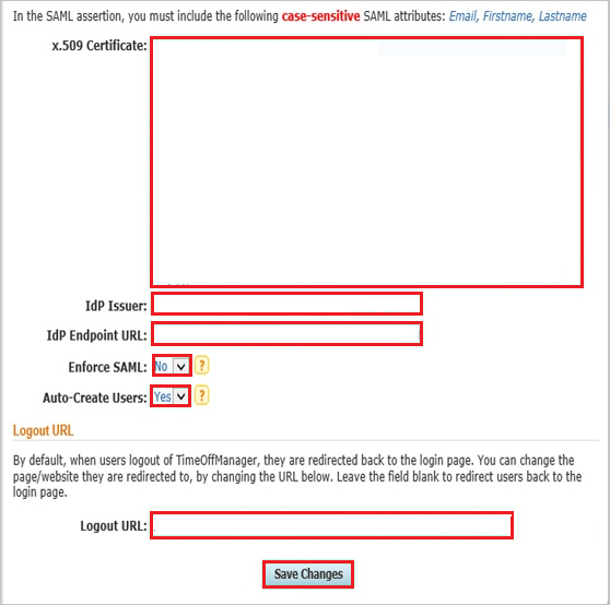 Screenshot che mostra la sezione Single Sign-On Settings in cui è possibile immettere i valori indicati.