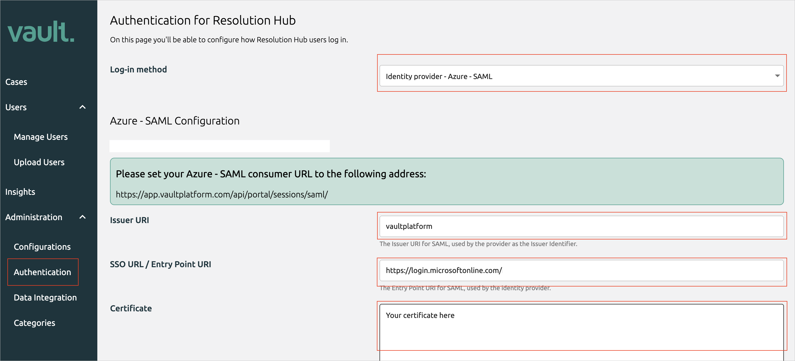 Screenshot della pagina VaultPlatform Authentication (Autenticazione di VaultPlatform).