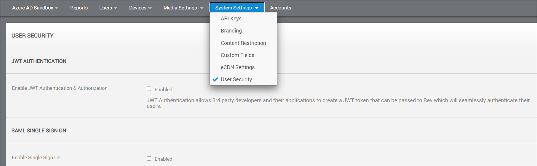 Screenshot di Vbrick Rev User Security Impostazioni.