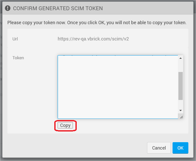 Screenshot del Impostazioni Vbrick Rev User Security con la sezione Scim Token evidenziata.