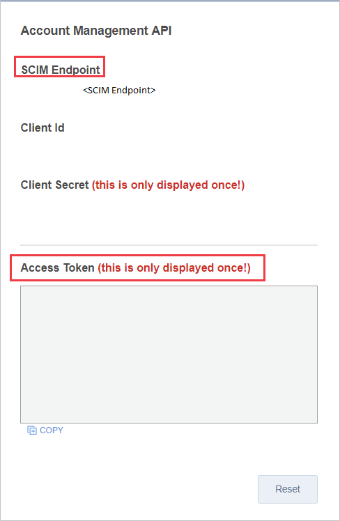 Screenshot della sezione Account Management API con le opzioni SCIM Endpoint e Access Token evidenziate.