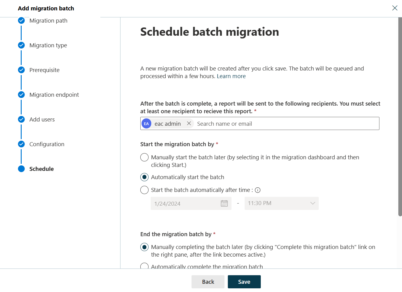 Screenshot del batch Di pianificazione della migrazione che consente all'utente di elencare un destinatario in cui inviare una notifica, specificare l'ora di inizio e fine della migrazione. eac_admin è elencato come utente da notificare e l'avvio della migrazione è impostato per l'avvio automatico. L'ora di fine batch di migrazione è impostata per il completamento manuale.