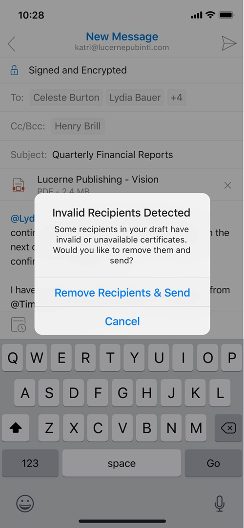 Screenshot dell'avviso di Outlook per iOS sui certificati del destinatario.