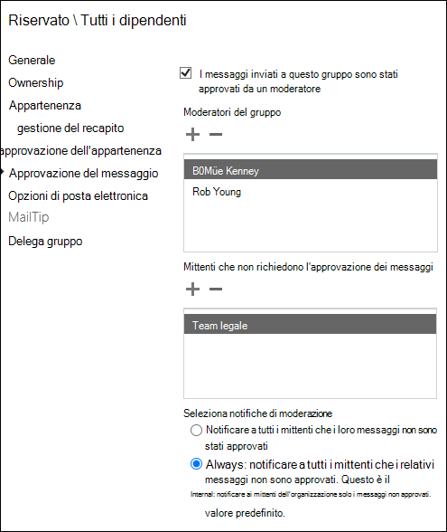 Impostazioni di approvazione dei messaggi per un gruppo di distribuzione.