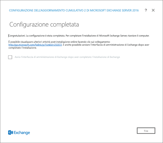 Installazione di Exchange, Pagina Installazione completata.