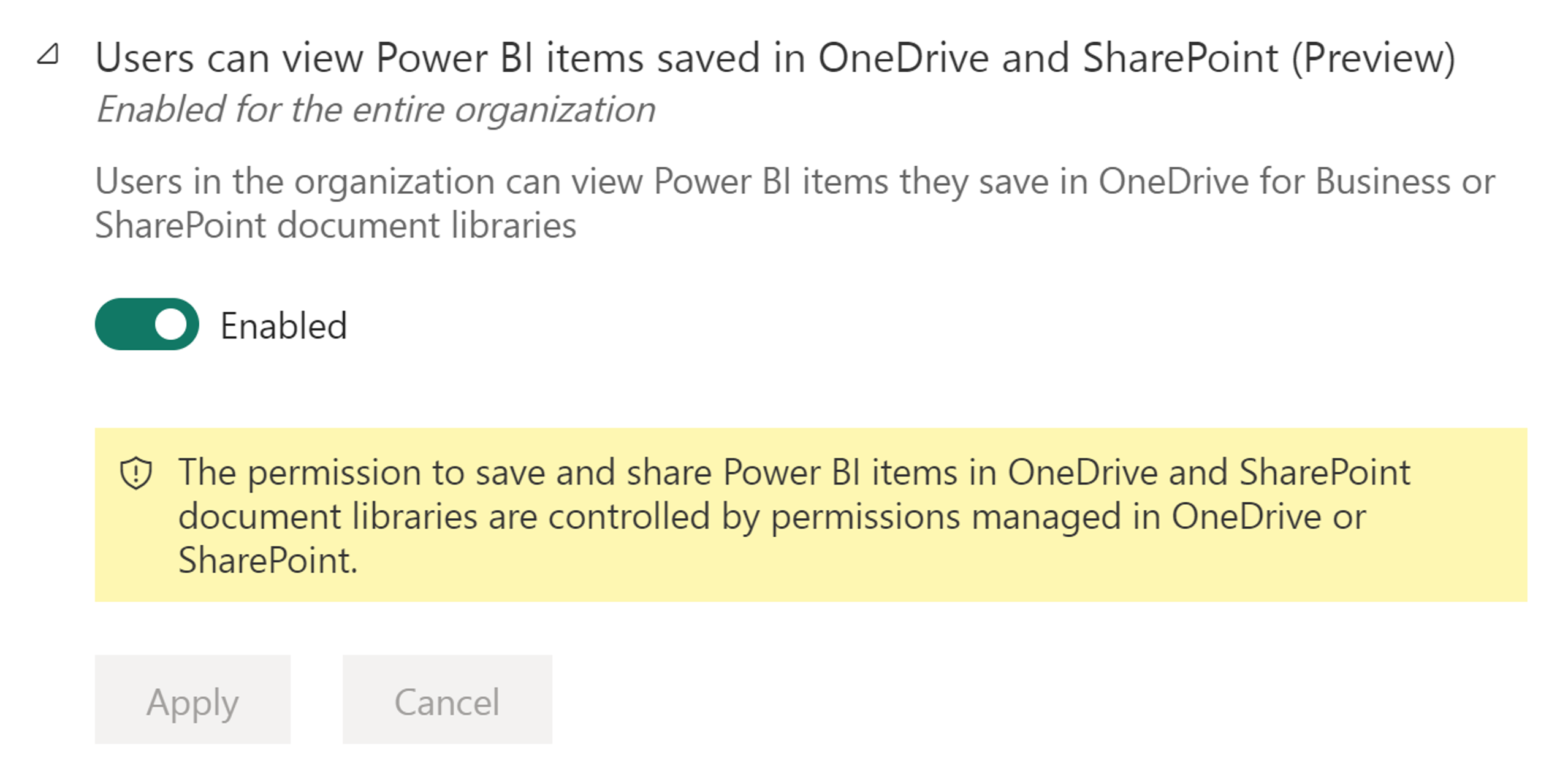 Screenshot dell'impostazione di amministrazione denominata: Gli utenti possono visualizzare gli elementi di Power BI salvati in OneDrive e SharePoint.