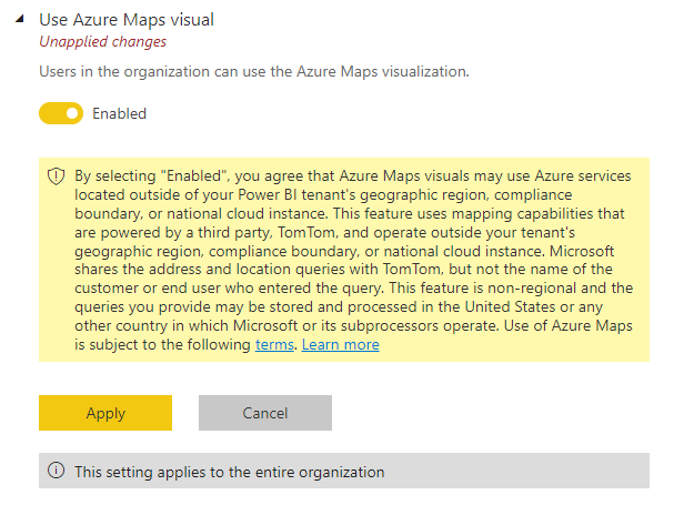 Screenshot dell'impostazione di amministrazione Usa oggetto visivo di Mappe di Azure.