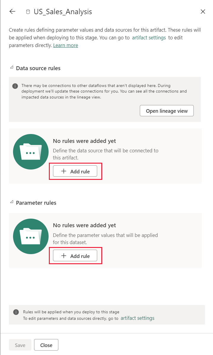 Screenshot del riquadro delle regole di distribuzione. Mostra un set di dati selezionato e i due tipi di regole, l'origine dati e il parametro, che è possibile configurare per tale set di dati.