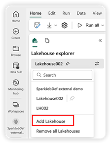 Screenshot che mostra dove trovare l'opzione Aggiungi lakehouse.
