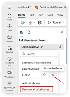 Screenshot che mostra dove rimuovere un lakehouse.