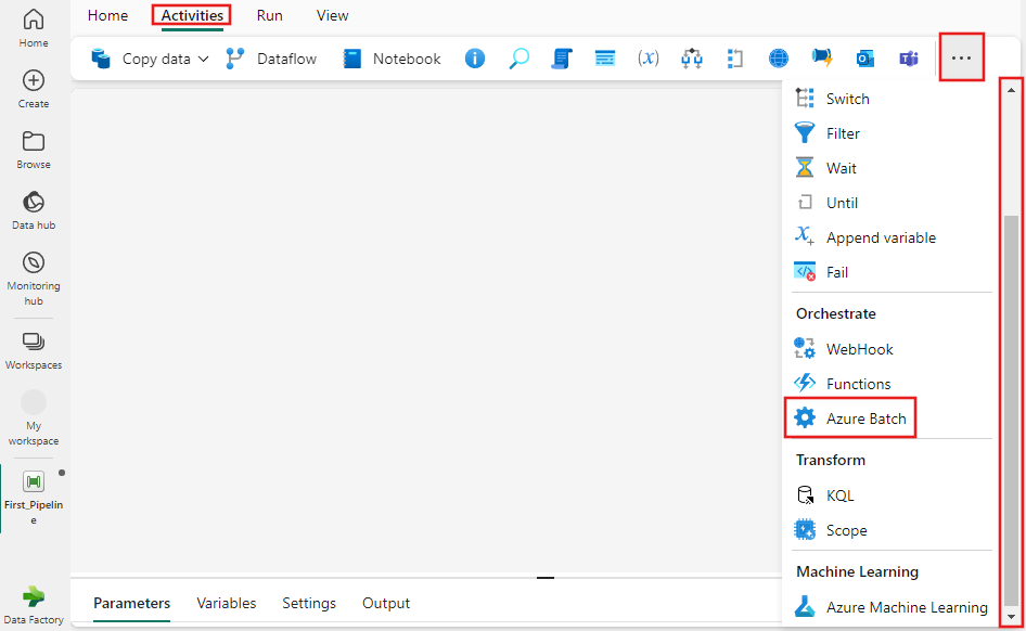 Screenshot dell'interfaccia utente di Fabric con il riquadro Attività e l'attività di Azure Batch evidenziati.