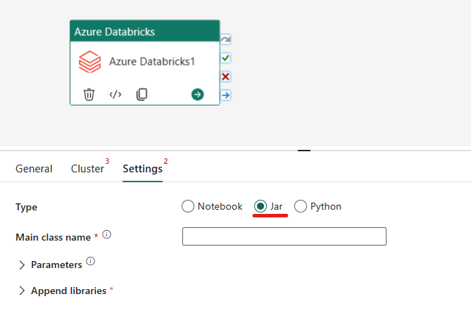 Screenshot che mostra il tipo Jar dell'attività di Azure Databricks.