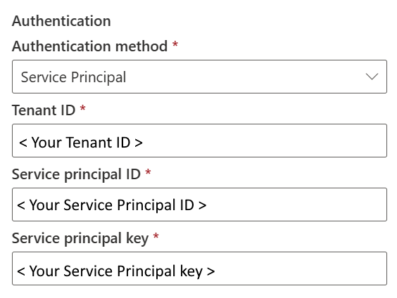 Screenshot che mostra il metodo di autenticazione dell'entità servizio.