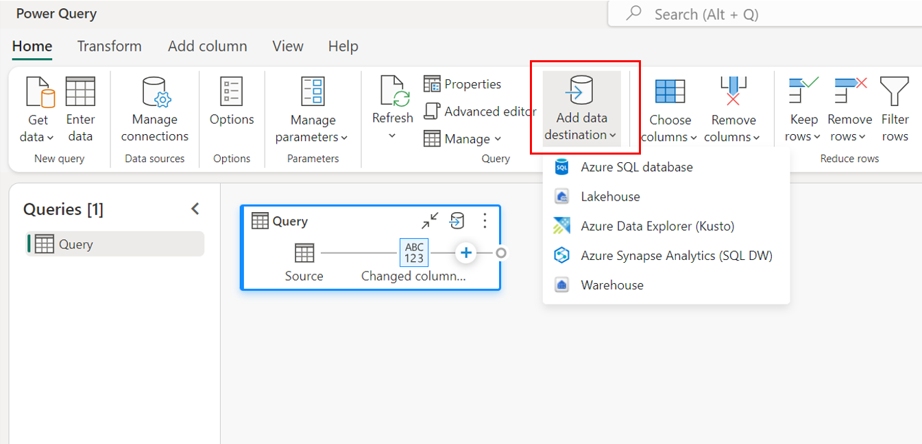 Screenshot della barra multifunzione della scheda Home di Power Query con l'opzione Aggiungi destinazione dati evidenziata.