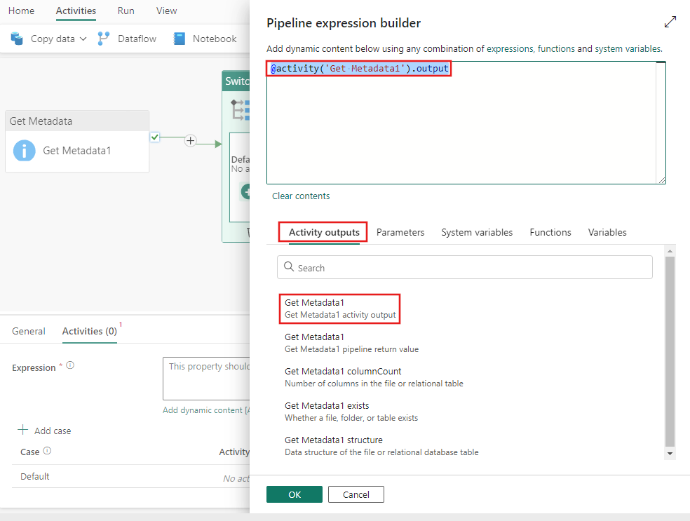 Screenshot che mostra la finestra Generatore di espressioni della pipeline con gli output dell'attività Recupera metadati evidenziata.