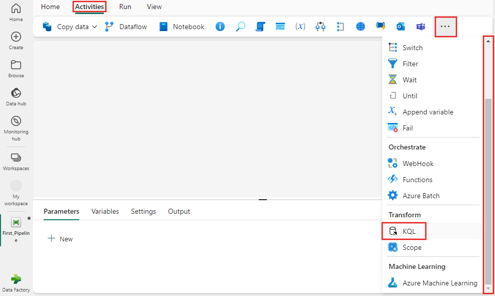 Screenshot dell'interfaccia utente di Fabric con il riquadro Attività e l'attività KQL evidenziati.