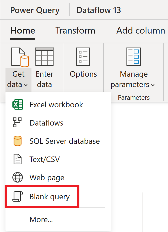 Screenshot che mostra il menu Acquisisci dati aperto con l’opzione Blank query evidenziata.